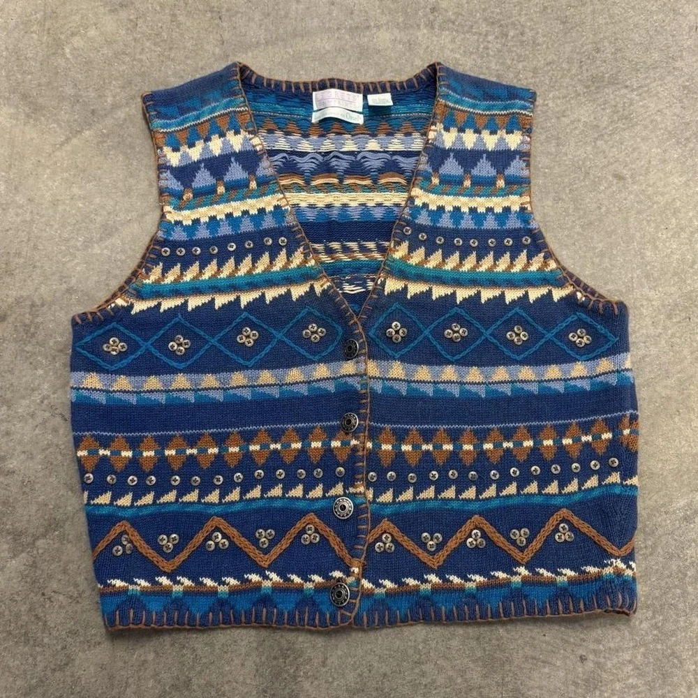 Orvis Women's Lightweight Knit Sweater Vest V-Neck Gorpcore Geometric Large